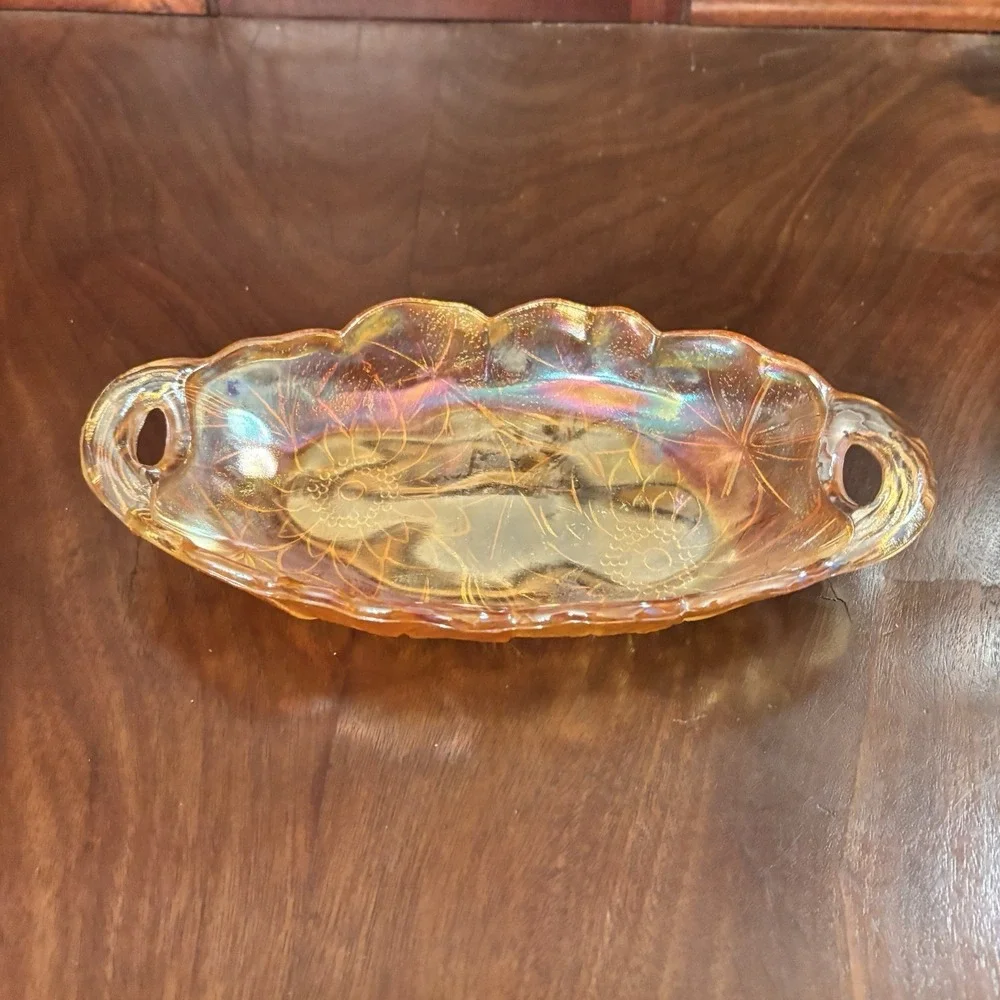 Vintage Indiana Carnival Glass Marigold Relish Dish Iridescent‎ Floral Handled